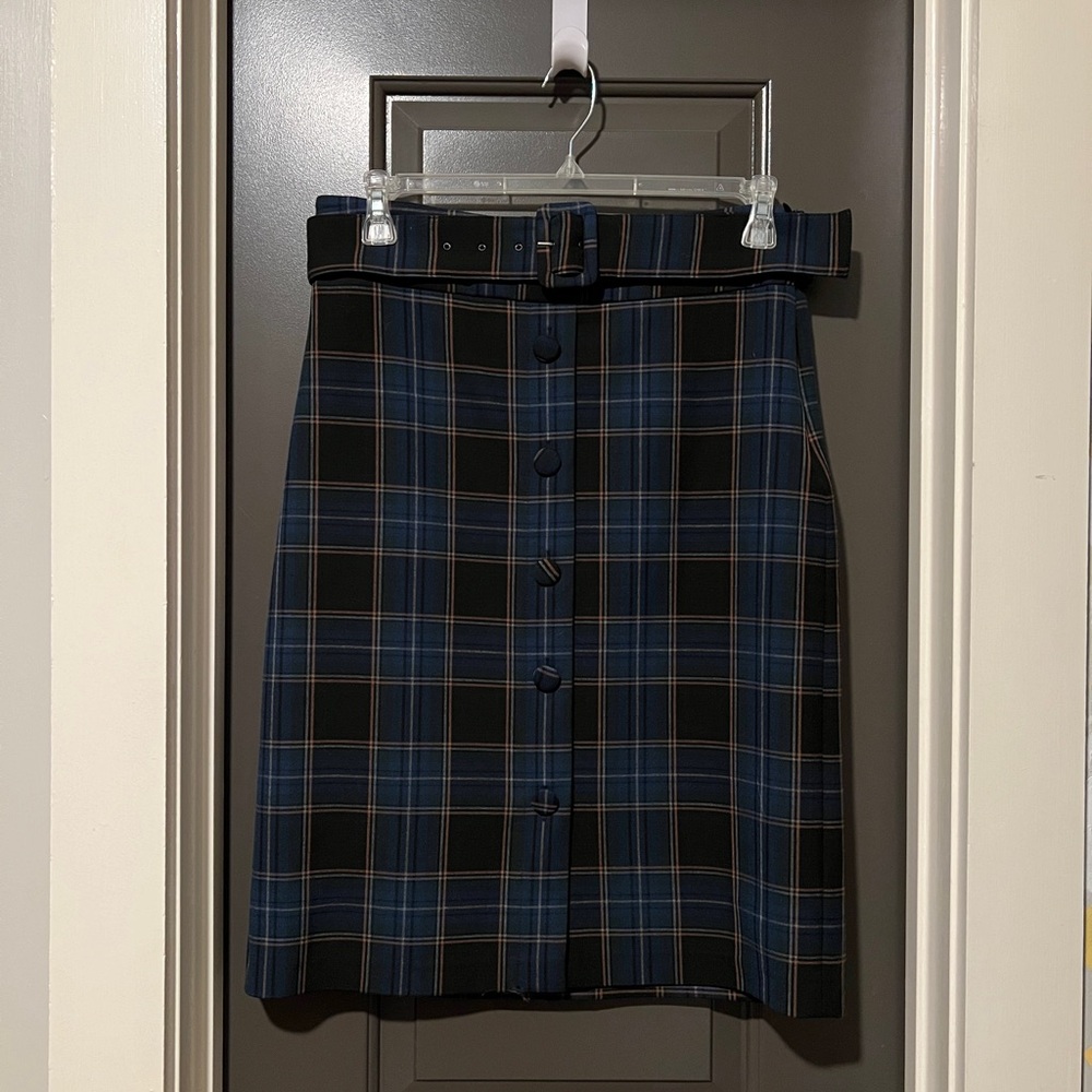 Anthropologie Bernadette button-front plaid pencil skirt, Maeve, midi, size 12